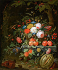 Quadro decorativo detalhado de natureza-morta barroca com cesto de flores exuberantes, frutas maduras e insetos, assinado por Abraham Mignon.