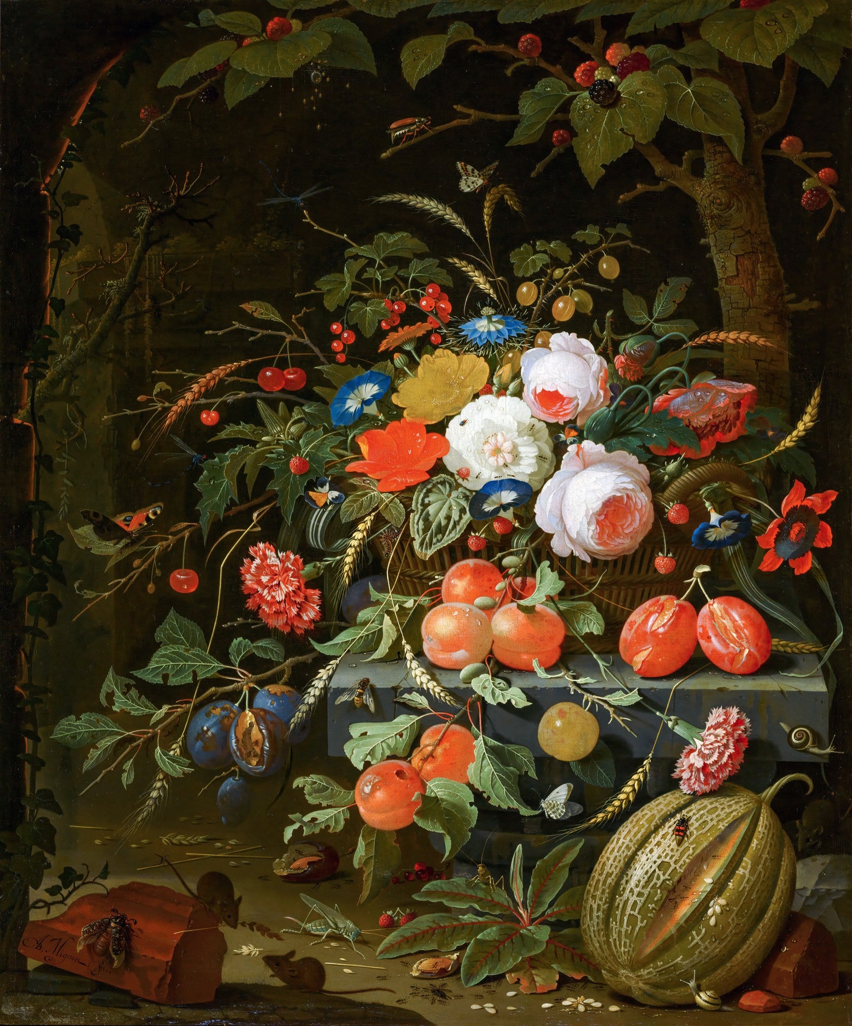 Quadro decorativo detalhado de natureza-morta barroca com cesto de flores exuberantes, frutas maduras e insetos, assinado por Abraham Mignon.
