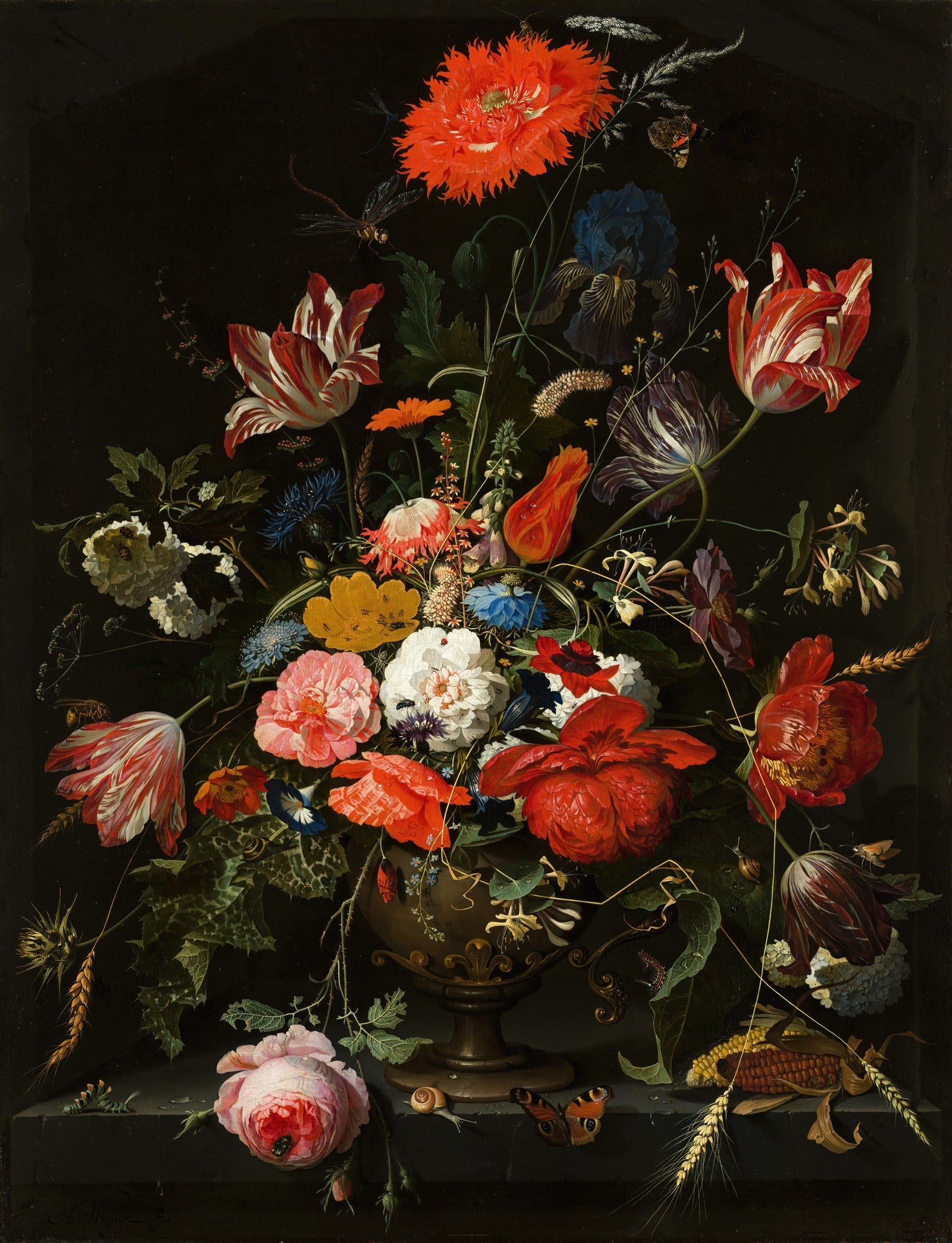 Quadro decorativo Cesto de Flores de Abraham Mignon, uma natureza-morta barroca com diversas flores em um vaso escuro sobre fundo preto, com insetos e detalhes.