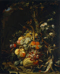 Quadro de natureza-morta barroca com cesta de frutas (uvas, pêssegos, melão), peixes, pássaros, ninho com ovos, insetos e um lagarto, atribuída a Abraham Mignon.