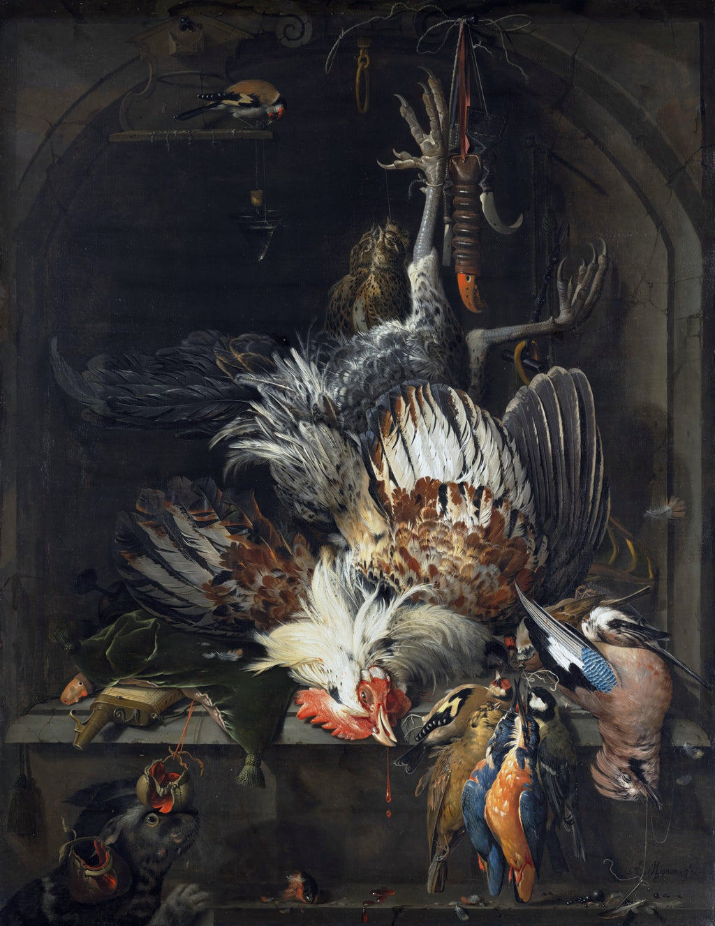 Pintura a óleo de Abraham Mignon, 'A Cat Attacking a Dead Bird', natureza-morta barroca com aves de caça mortas penduradas, um galo caído e um gato preto comendo uma presa, em tons escuros e ricos.