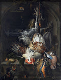 Pintura a óleo de Abraham Mignon, 'A Cat Attacking a Dead Bird', natureza-morta barroca com aves de caça mortas penduradas, um galo caído e um gato preto comendo uma presa, em tons escuros e ricos.