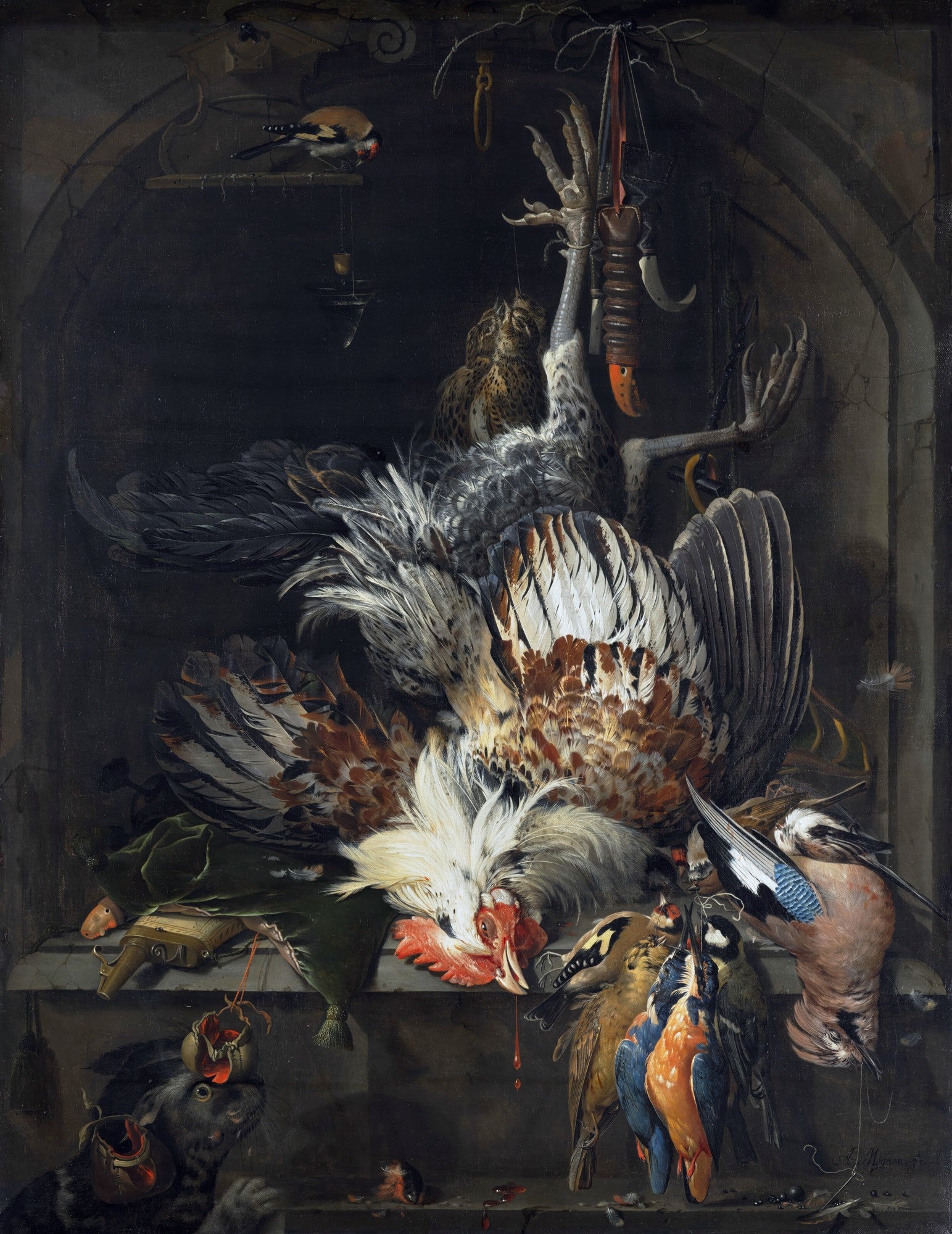 Pintura a óleo de Abraham Mignon, 'A Cat Attacking a Dead Bird', natureza-morta barroca com aves de caça mortas penduradas, um galo caído e um gato preto comendo uma presa, em tons escuros e ricos.