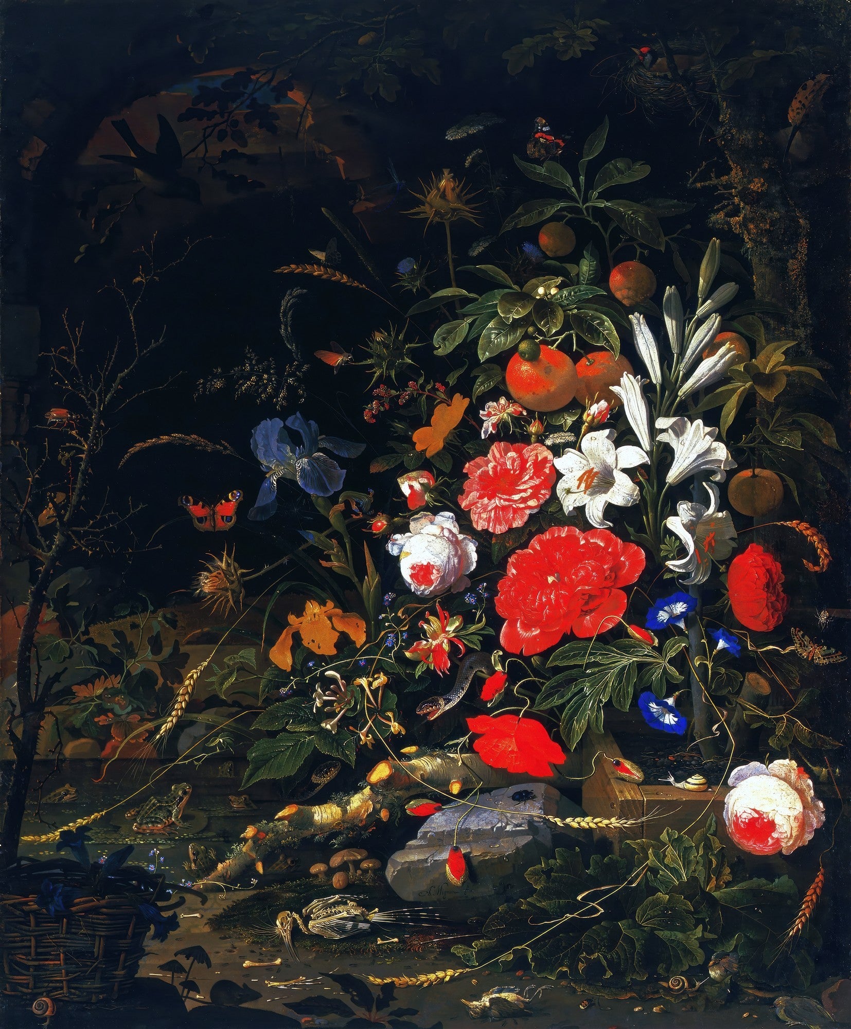 Quadro decorativo de Abraham Mignon, Natureza-Morta com Flores e Frutas. Pintura barroca holandesa com flores vermelhas, brancas e azuis, frutas como laranjas, insetos e pequenos animais sobre um fundo escuro, com iluminação dramática.