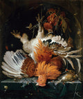 Quadro decorativo detalhado de natureza-morta barroca com aves de caça, como galinhas e outros pássaros, dispostas sobre uma mesa escura, com insetos e borboletas. Atribuído a Abraham Mignon.