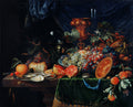 Quadro decorativo detalhado de natureza-morta com frutas, ostras e elementos luxuosos sobre uma mesa escura, estilo barroco de Abraham Mignon.