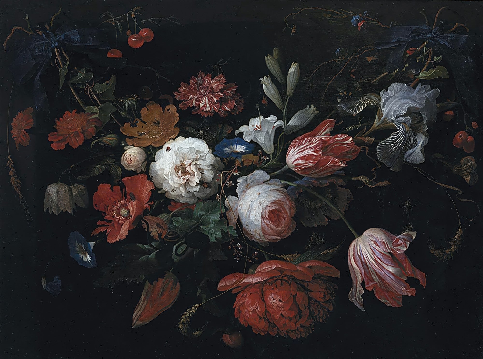 Quadro decorativo com pintura a óleo de natureza-morta floral de Abraham Mignon, apresentando uma cesta de flores exuberantes e variadas como peônias, tulipas, rosas e lírios, com cerejas e espigas de trigo em um fundo escuro e dramático. Detalhes de insetos e orvalho são visíveis.