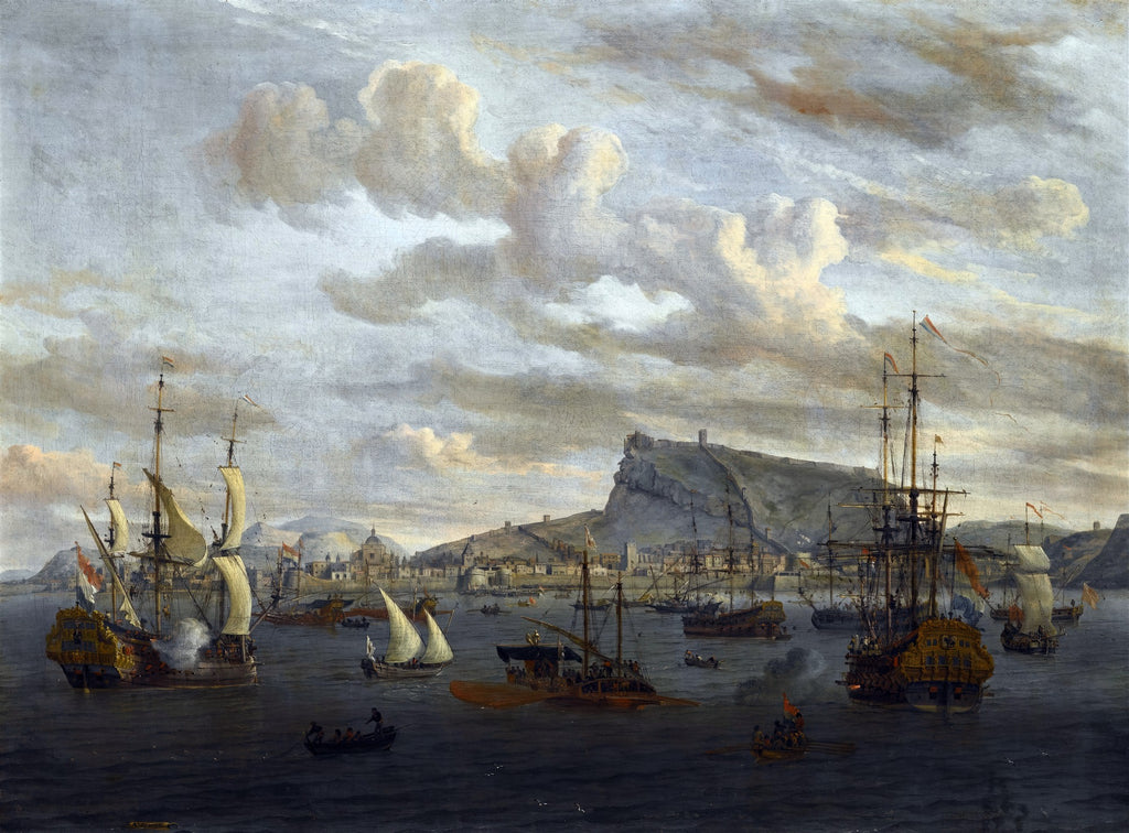 Quadro decorativo de uma vista de porto com múltiplos navios à vela e barcos menores, com uma cidade e montanha ao fundo sob um céu nublado. Atribuído a Abraham Storck.