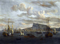 Quadro decorativo de uma vista de porto com múltiplos navios à vela e barcos menores, com uma cidade e montanha ao fundo sob um céu nublado. Atribuído a Abraham Storck.
