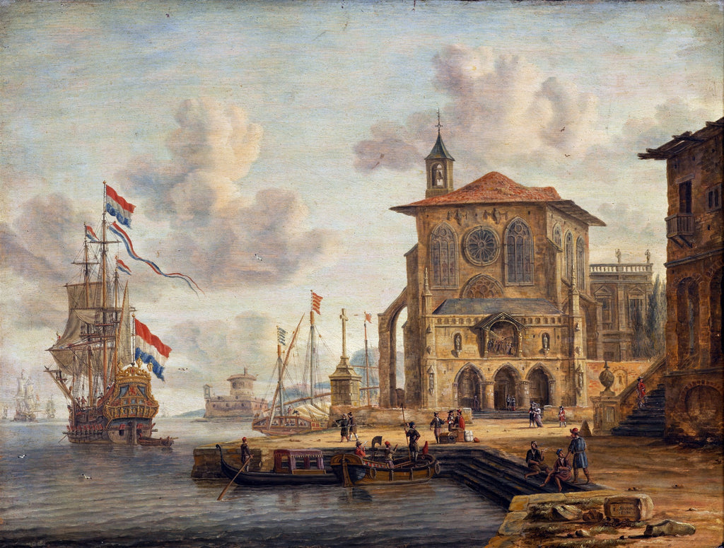 Pintura a óleo de Abraham Storck retratando um porto movimentado com grandes navios à vela, um edifício imponente na margem e figuras humanas, sob um céu nublado.