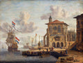 Pintura a óleo de Abraham Storck retratando um porto movimentado com grandes navios à vela, um edifício imponente na margem e figuras humanas, sob um céu nublado.