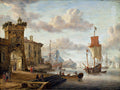 Pintura a óleo detalhada de um porto mediterrâneo com navios à vela, arquitetura costeira em tons terrosos e céu nublado, por Abraham Storck.