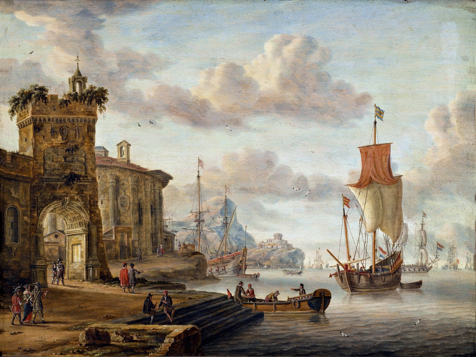 Pintura a óleo detalhada de um porto mediterrâneo com navios à vela, arquitetura costeira em tons terrosos e céu nublado, por Abraham Storck.