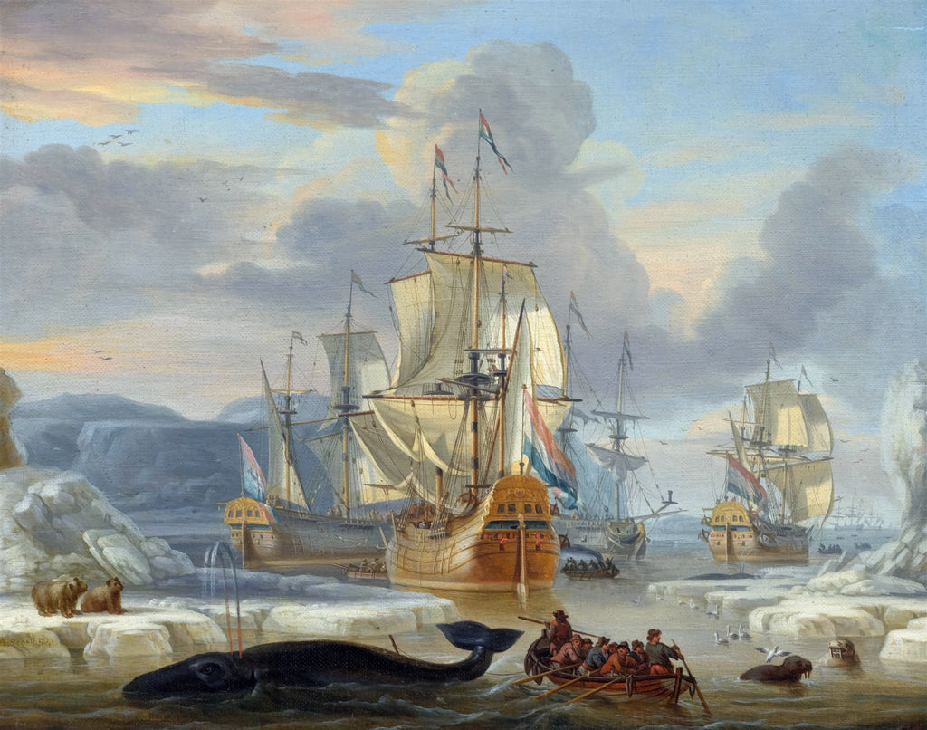 Pintura a óleo de Abraham Storck, 'A Caça à Baleia', mostrando navios holandeses em águas árticas com icebergs, baleias e ursos polares.