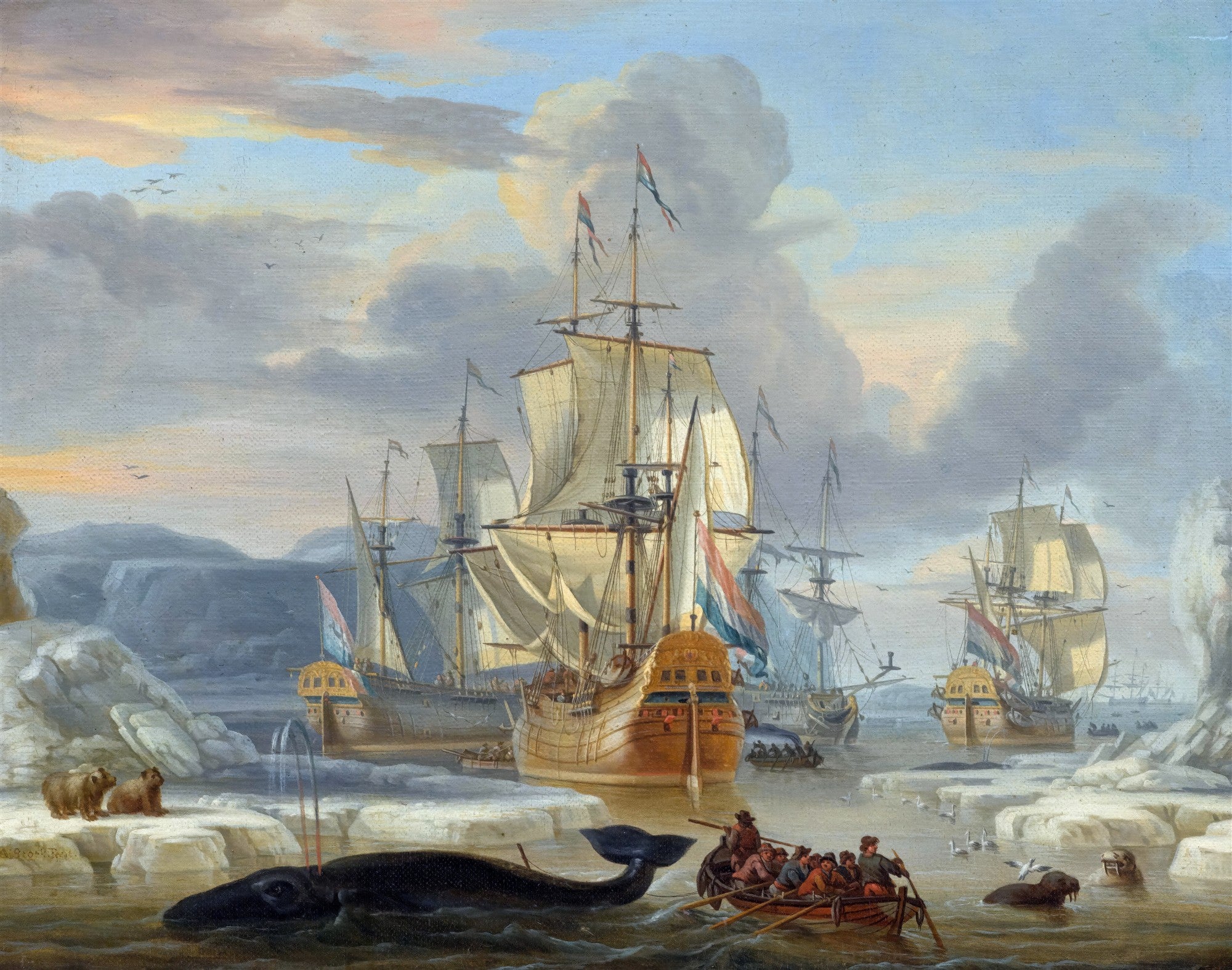Pintura a óleo de Abraham Storck, 'A Caça à Baleia', mostrando navios holandeses em águas árticas com icebergs, baleias e ursos polares.