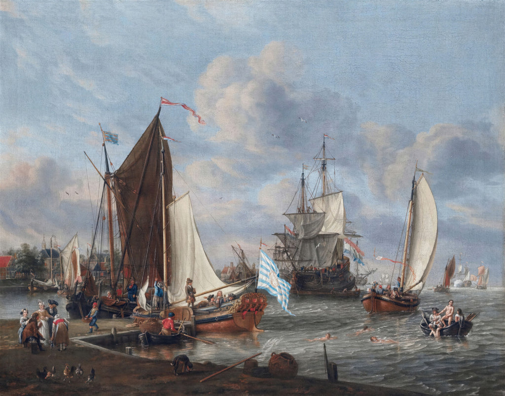 Quadro decorativo mostrando uma movimentada cena portuária holandesa do século XVII, com veleiros, pessoas na doca e nadando, e edifícios ao fundo, atribuído a Abraham Storck.