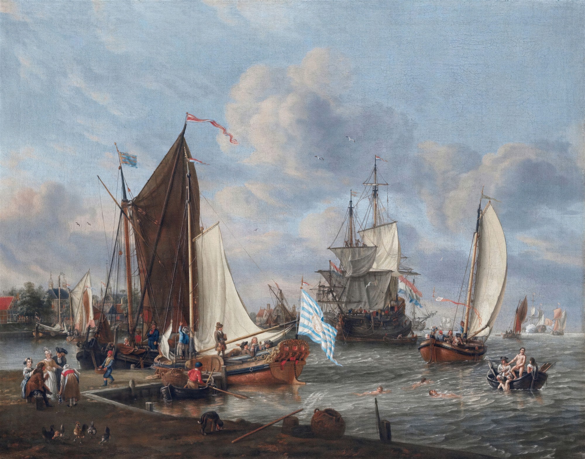 Quadro decorativo mostrando uma movimentada cena portuária holandesa do século XVII, com veleiros, pessoas na doca e nadando, e edifícios ao fundo, atribuído a Abraham Storck.