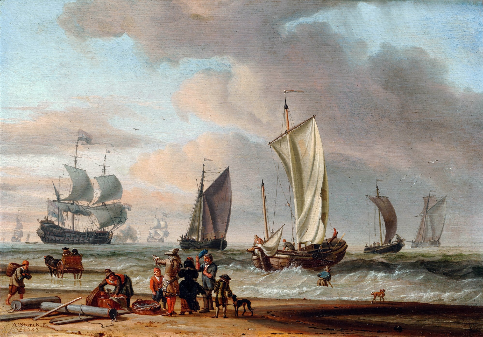 Pintura a óleo de Abraham Storck representando um porto holandês movimentado com vários navios à vela e pessoas na praia interagindo, sob um céu nublado e dramático.