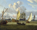 Pintura a óleo de Abraham Storck de um porto holandês movimentado com vários navios à vela e barcos a remo sob um céu azul com nuvens brancas, demonstrando a vida marítima do século XVII.