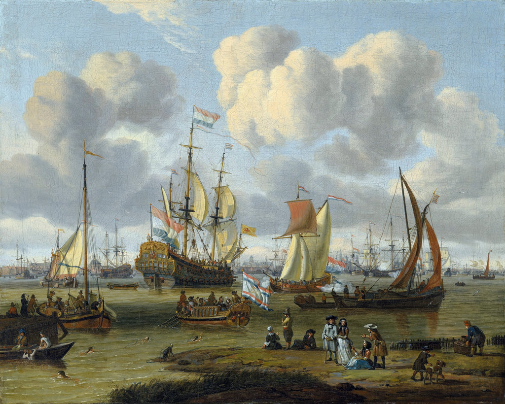 Pintura a óleo de Abraham Storck mostrando um porto holandês movimentado com vários navios à vela, figuras em terra e no mar, sob um céu azul com nuvens brancas e cinzas.