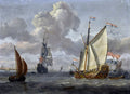 Quadro decorativo de Abraham Storck, 'Shipping on a Choppy Sea', retratando navios holandeses em um mar agitado sob um céu dramático e nublado, com um porto ao fundo.