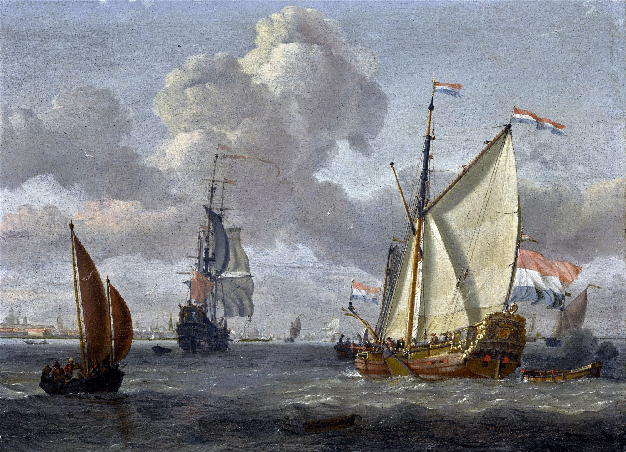 Quadro decorativo de Abraham Storck, 'Shipping on a Choppy Sea', retratando navios holandeses em um mar agitado sob um céu dramático e nublado, com um porto ao fundo.