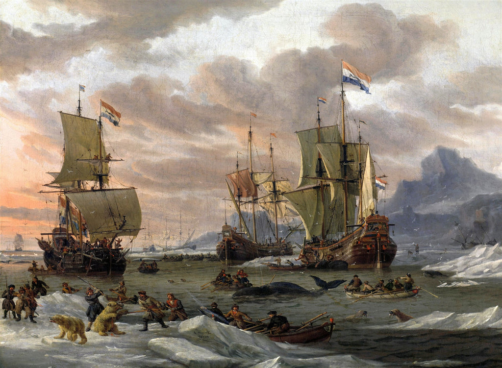 Pintura a óleo de Abraham Storck, "A Caça à Baleia e Ursos Polares", retratando navios holandeses em águas geladas com baleias, ursos polares e caçadores em pequenos botes, sob um céu dramático e nublado.