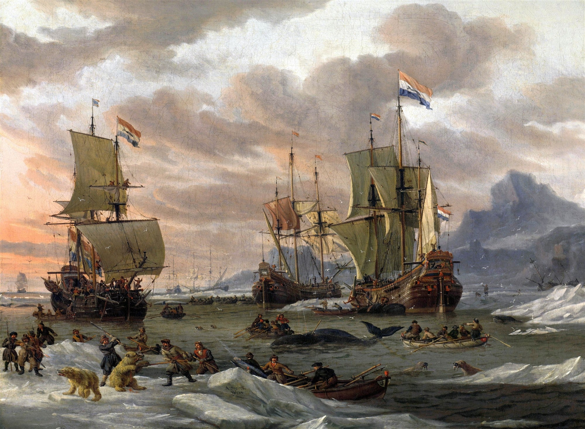 Pintura a óleo de Abraham Storck, "A Caça à Baleia e Ursos Polares", retratando navios holandeses em águas geladas com baleias, ursos polares e caçadores em pequenos botes, sob um céu dramático e nublado.