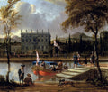 Pintura a óleo de Abraham Storck, 'A Festive Scene with a Barge', mostrando uma paisagem aquática com uma barca vermelha elaborada, figuras elegantes em trajes de época, uma grande casa ao fundo e árvores exuberantes. Céu nublado e tons terrosos predominam.