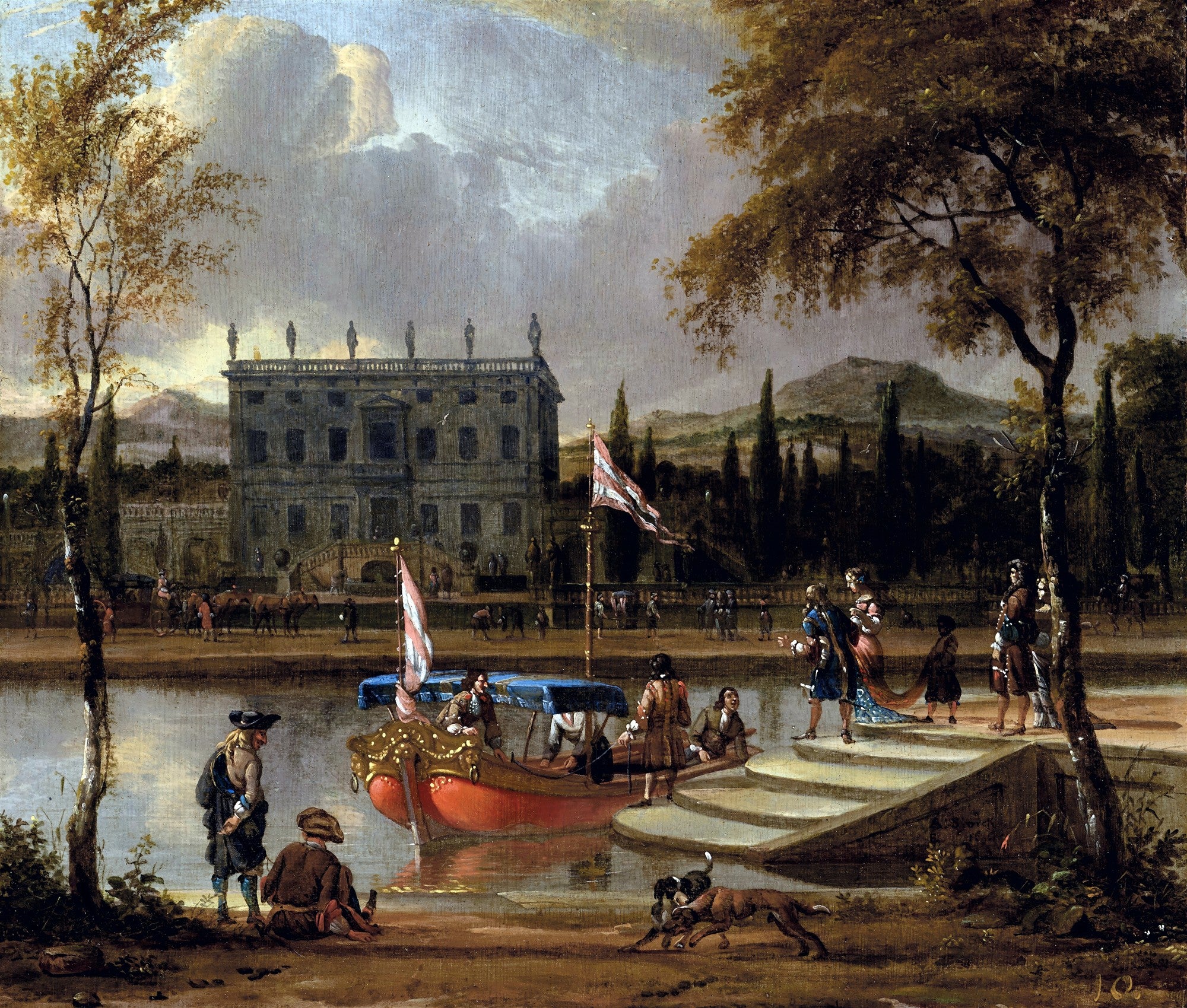 Pintura a óleo de Abraham Storck, 'A Festive Scene with a Barge', mostrando uma paisagem aquática com uma barca vermelha elaborada, figuras elegantes em trajes de época, uma grande casa ao fundo e árvores exuberantes. Céu nublado e tons terrosos predominam.