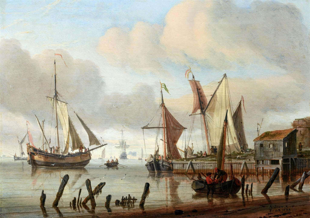 Quadro decorativo de uma cena portuária holandesa com veleiros e pessoas, pintada por Abraham Storck.