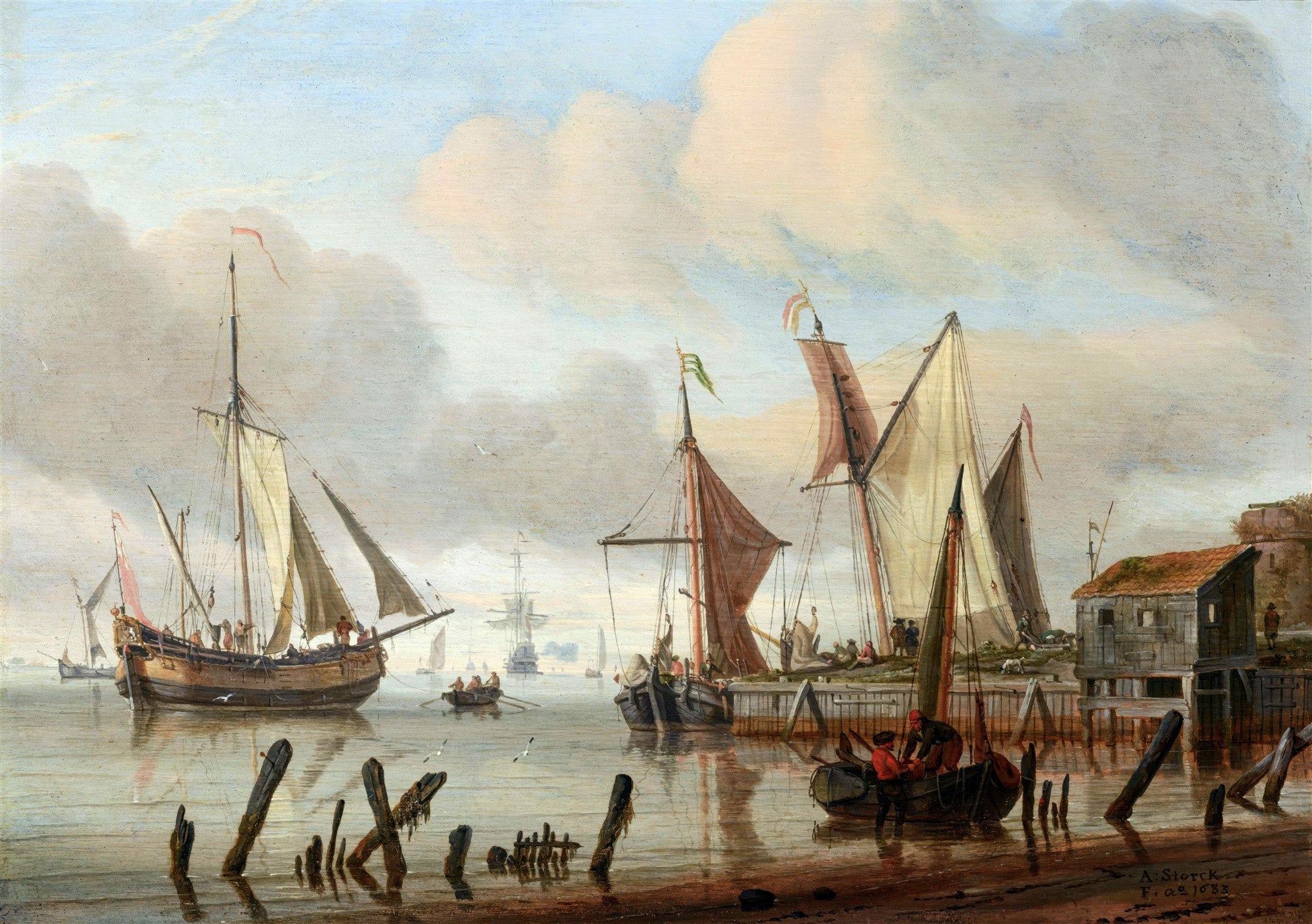 Quadro decorativo de uma cena portuária holandesa com veleiros e pessoas, pintada por Abraham Storck.