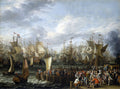 Quadro decorativo mostrando uma vasta frota de navios a vela em um porto movimentado, com pessoas no cais se despedindo. Céu nublado e mar agitado.
