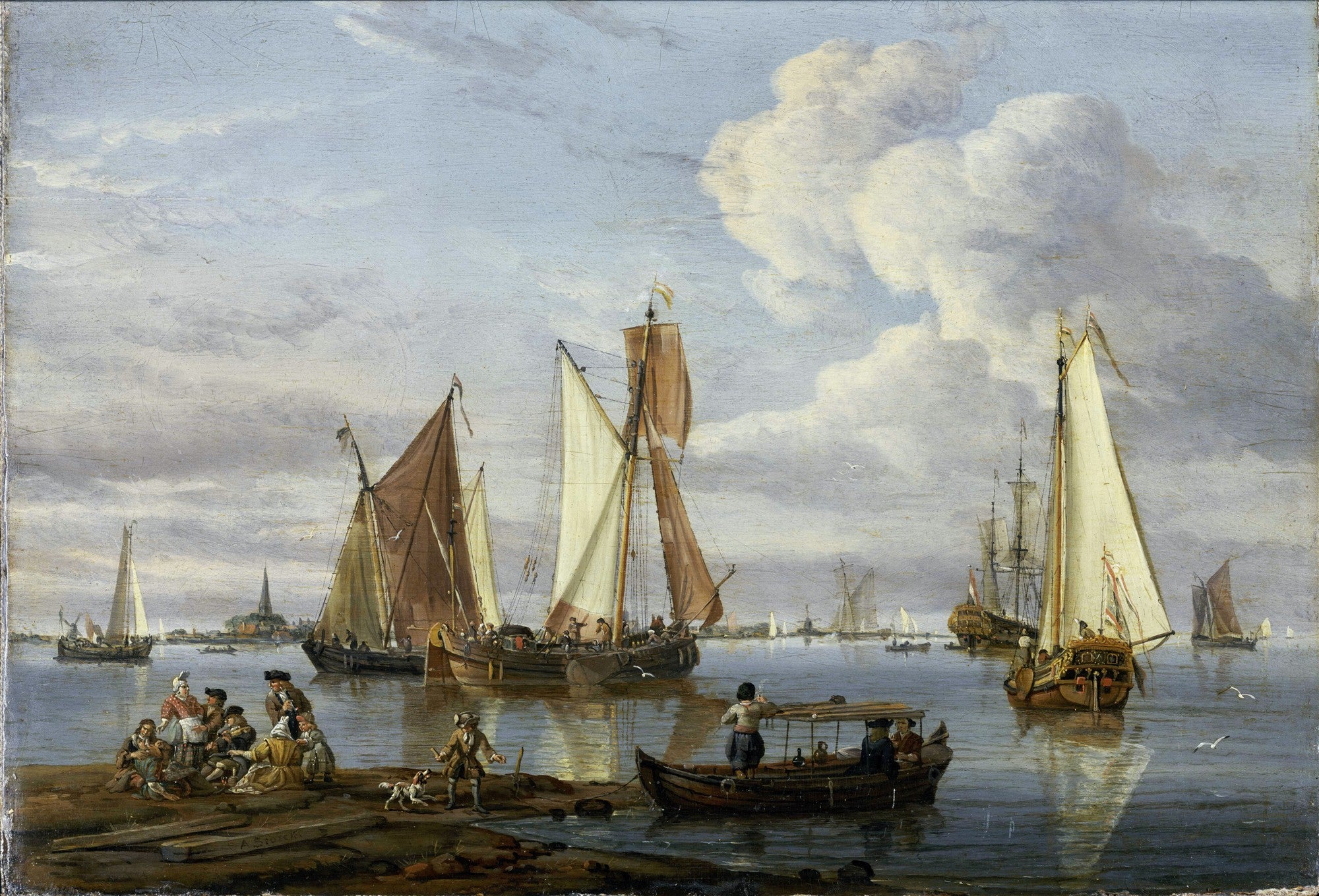 Pintura a óleo de um porto holandês vibrante, com vários navios à vela e pessoas na margem. Céu azul com nuvens brancas, reflexos na água. Obra atribuída a Abraham Storck.