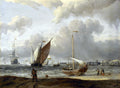 Obra de arte de Abraham Storck, 'Shipping in a Choppy Sea', retratando veleiros em um mar agitado sob um céu nublado, com figuras na praia observando a cena.
