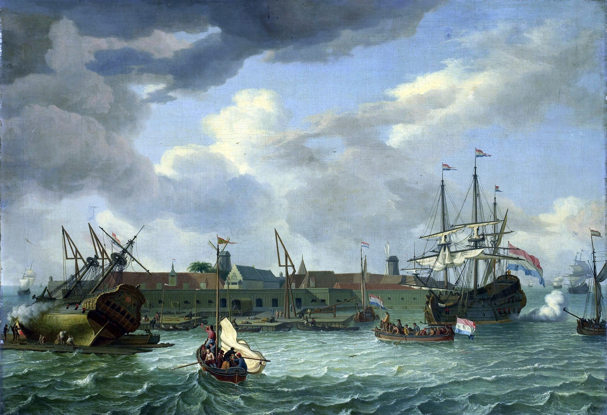 Pintura a óleo de Abraham Storck representando um porto holandês movimentado com vários navios de época, barcos pequenos e atividade portuária sob um céu dramático com nuvens. A água está agitada e há edifícios portuários ao fundo.