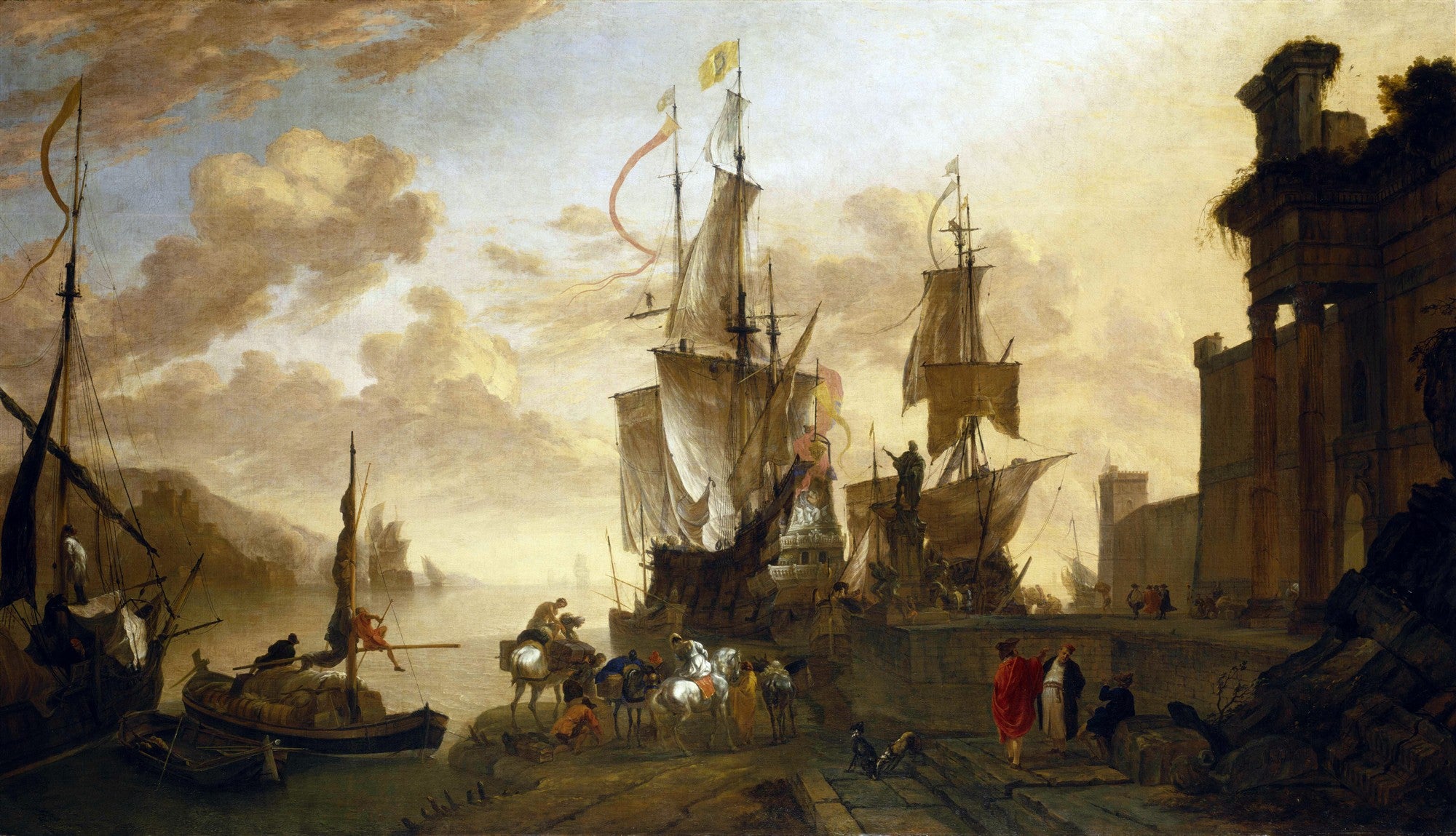 Quadro decorativo com cena de porto movimentado por navios, barcos e pessoas, com uma arquitetura antiga ao fundo, sob um céu dramático, no estilo de Abraham Storck.