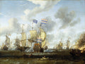 Quadro decorativo com cena de batalha naval intensa, com muitos navios à vela em combate, fumaça de canhões e bandeiras holandesas. Obra de Abraham Storck.