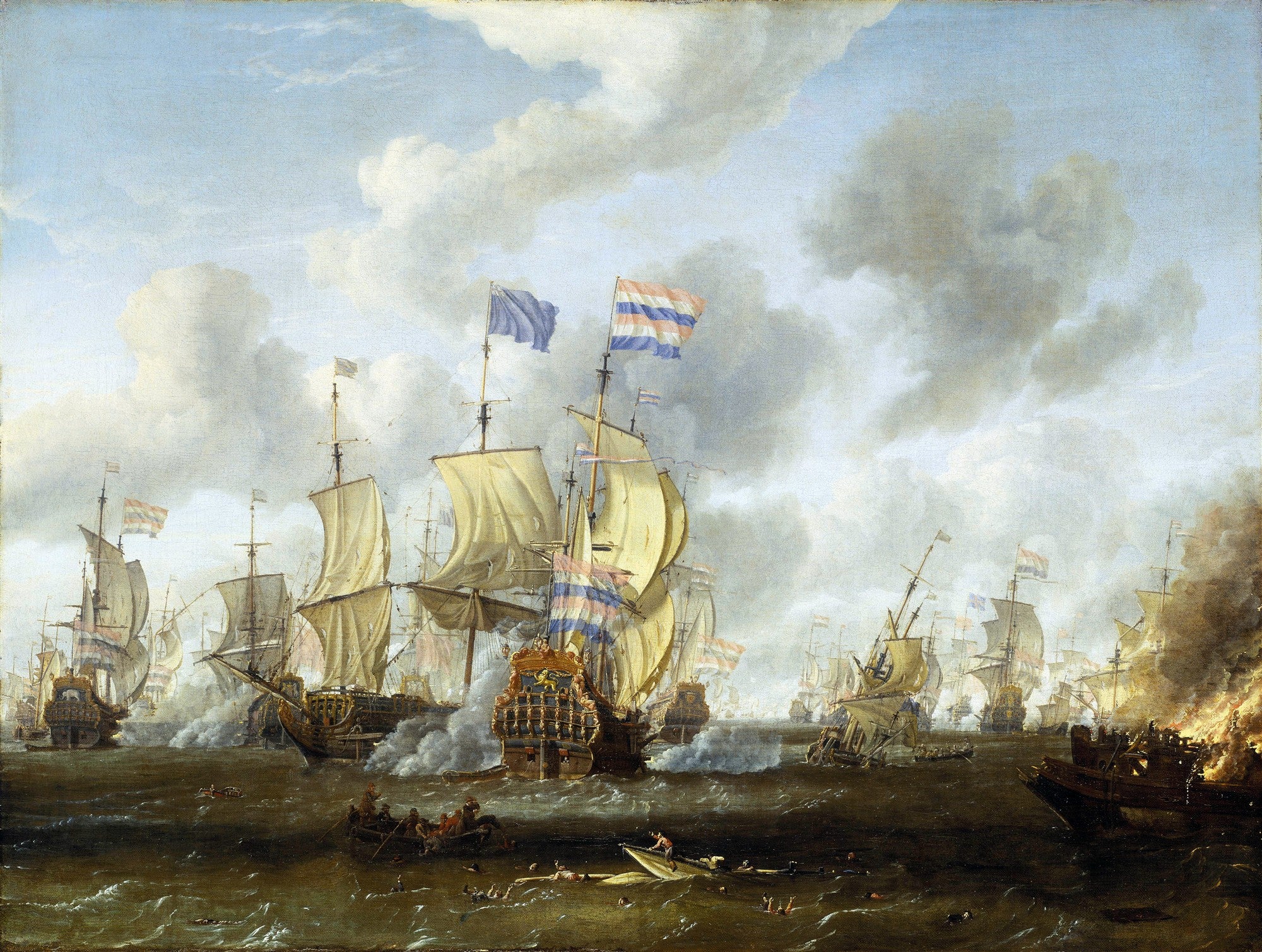 Quadro decorativo com cena de batalha naval intensa, com muitos navios à vela em combate, fumaça de canhões e bandeiras holandesas. Obra de Abraham Storck.