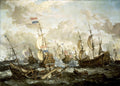 Pintura a óleo de uma intensa batalha naval com múltiplos navios de guerra holandeses e ingleses no mar agitado sob um céu nublado, por Abraham Storck.