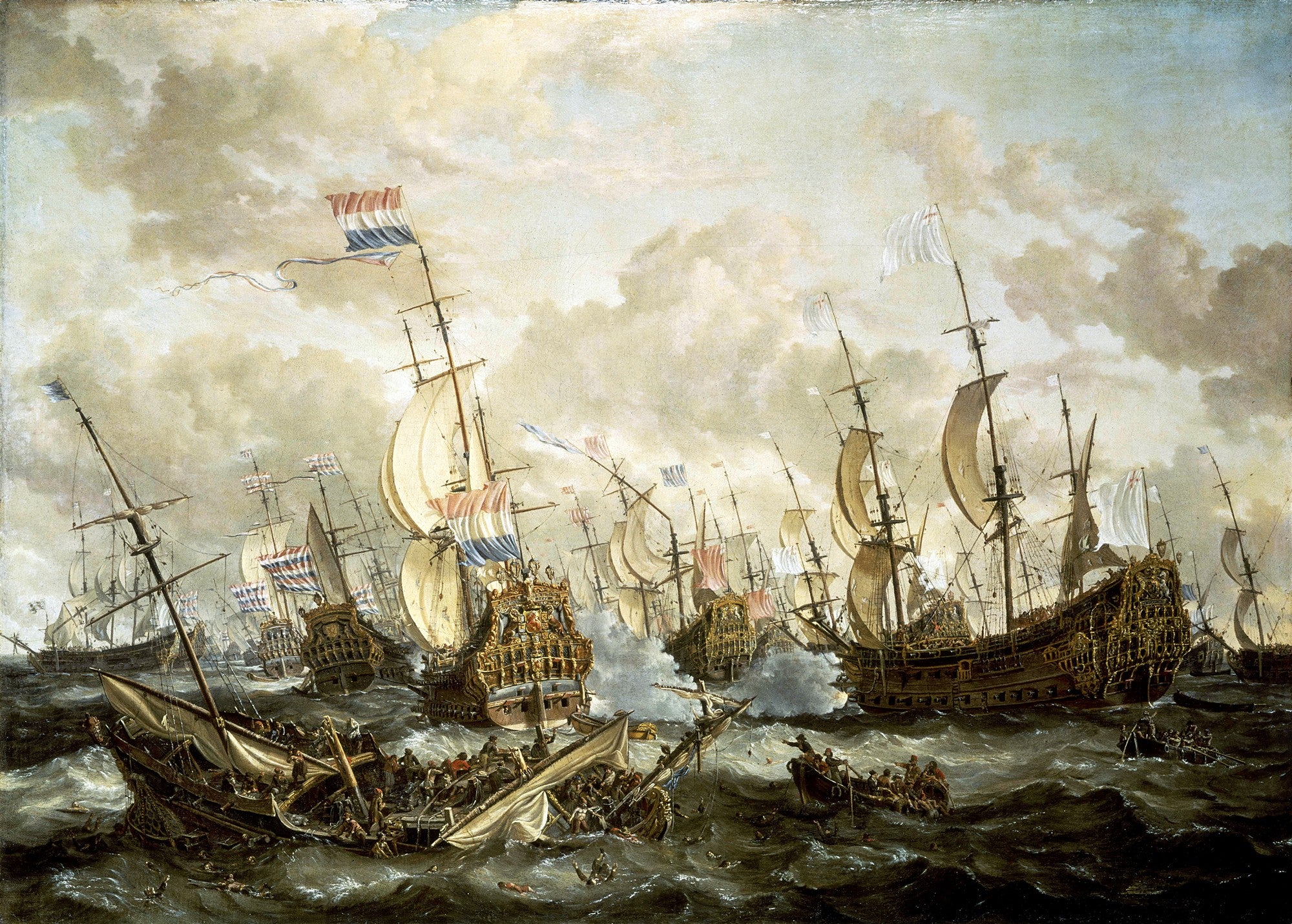Pintura a óleo de uma intensa batalha naval com múltiplos navios de guerra holandeses e ingleses no mar agitado sob um céu nublado, por Abraham Storck.