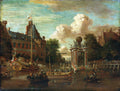 Pintura a óleo de Abraham Storck retratando uma celebração em um canal holandês, com barcos cheios de pessoas, edifícios antigos e um céu dramático.