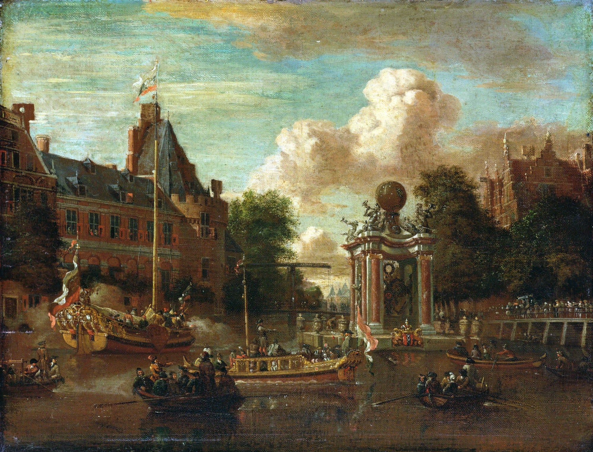 Pintura a óleo de Abraham Storck retratando uma celebração em um canal holandês, com barcos cheios de pessoas, edifícios antigos e um céu dramático.