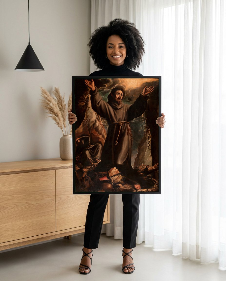 Quadro Decorativo São Francisco em Oração - Orazio Borgianni com modelo em ambiente