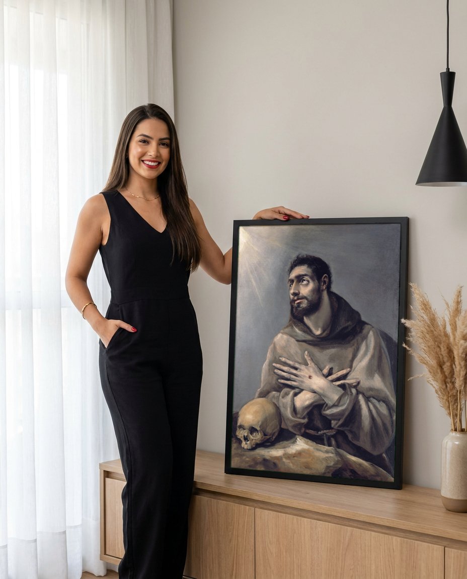 Quadro Decorativo São Francisco em Oração – El Greco com modelo em ambiente