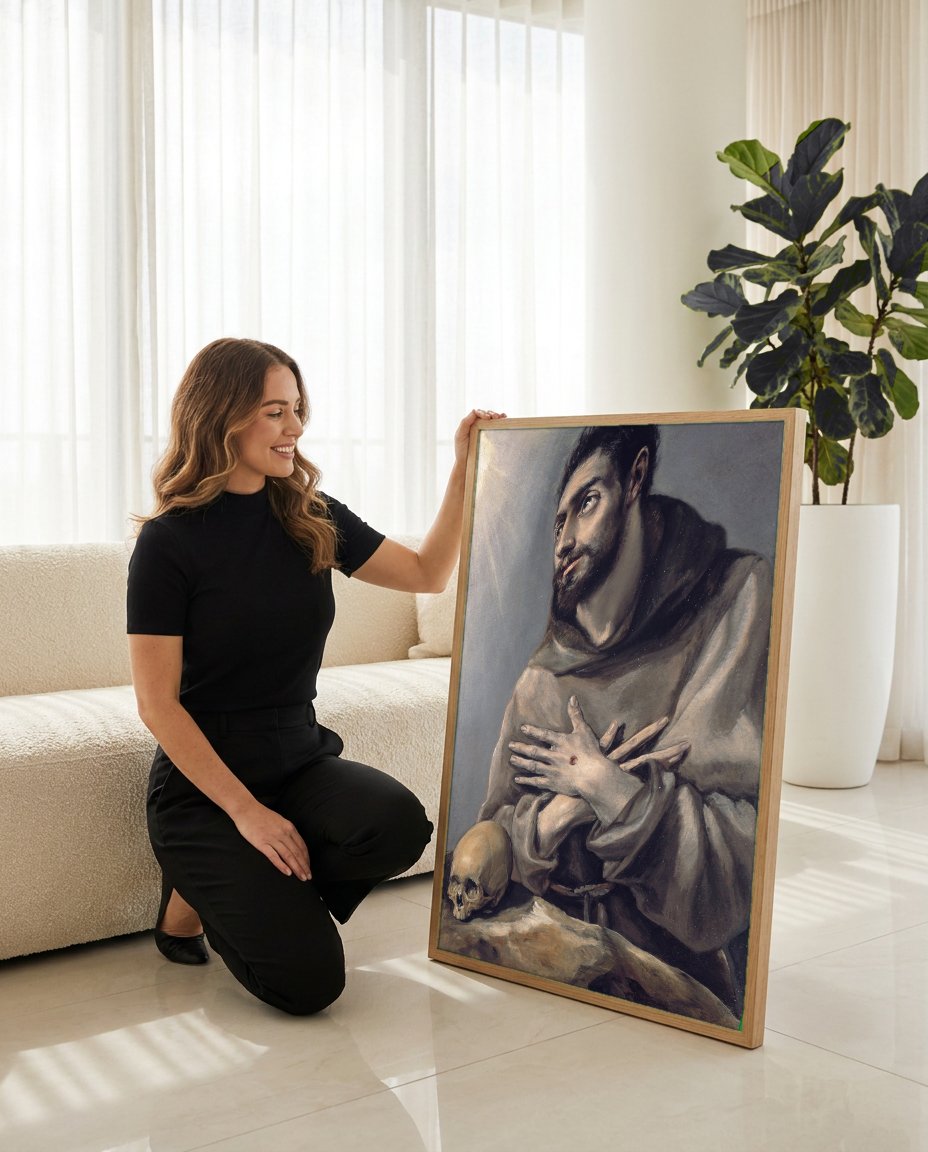 Quadro Decorativo São Francisco em Oração – El Greco com modelo em ambiente