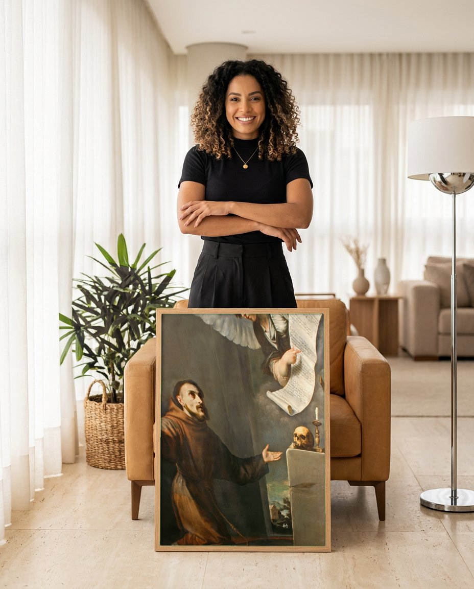 Quadro Decorativo São Francisco em Oração - Jusepe de Ribera com modelo em ambiente