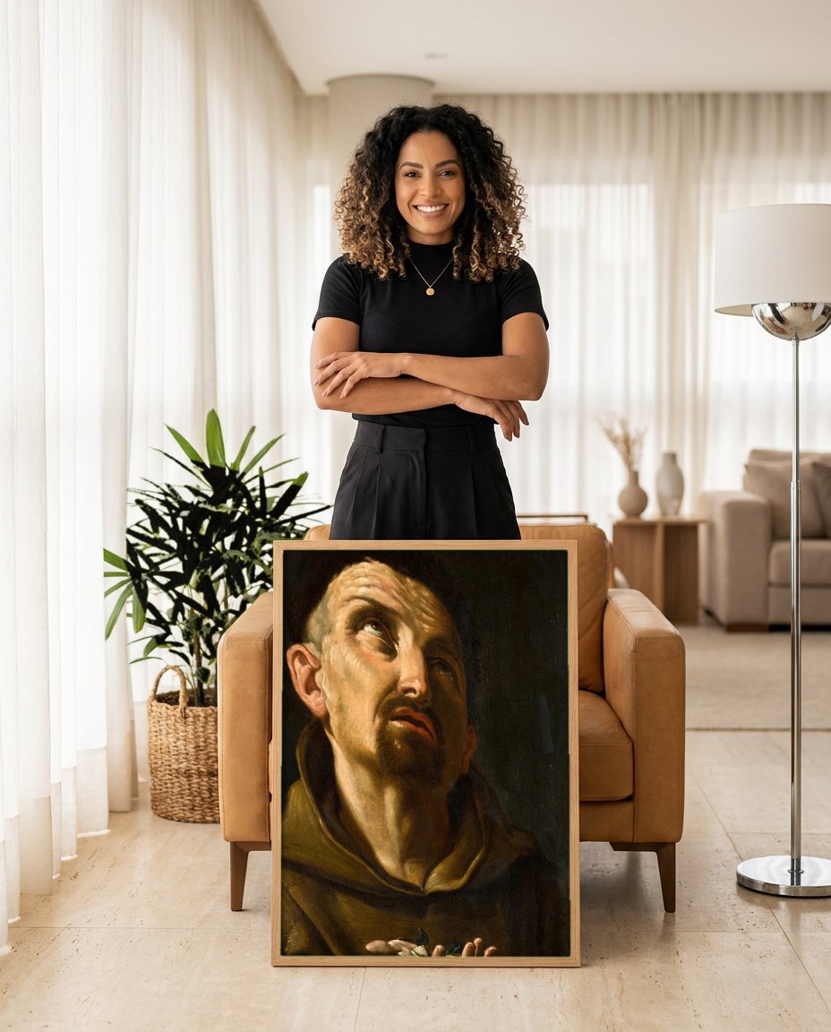 Quadro Decorativo São Francisco em Oração - Guido Reni com modelo em ambiente
