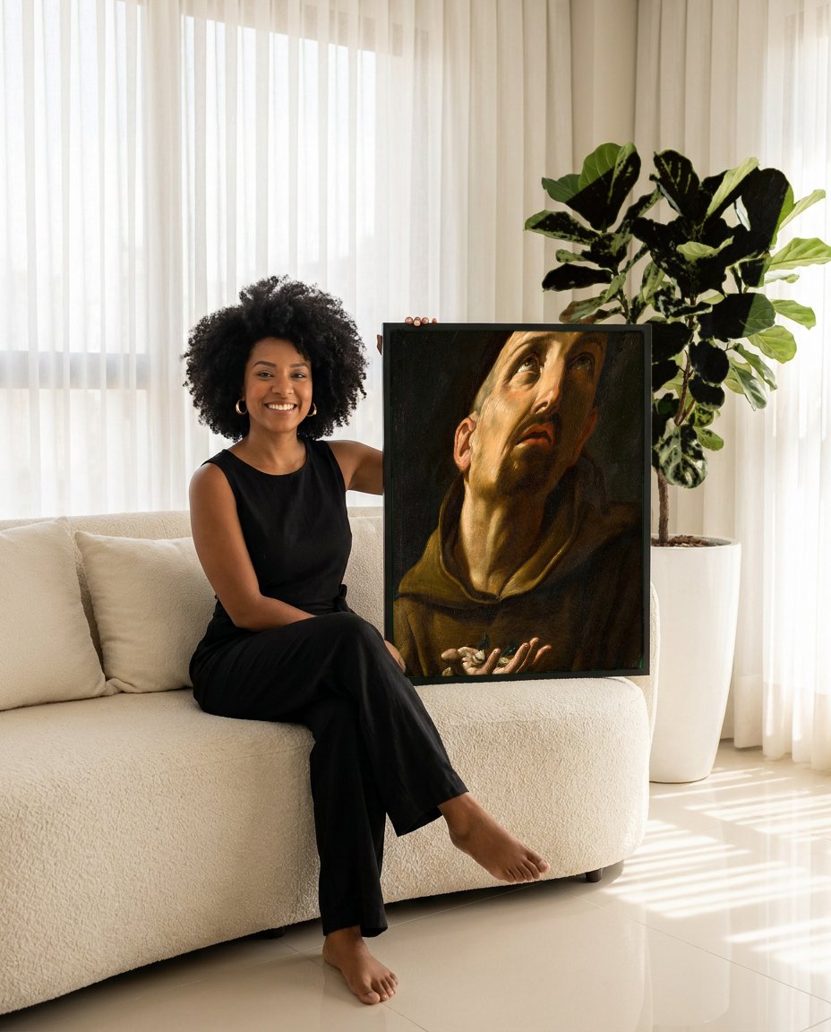 Quadro Decorativo São Francisco em Oração - Guido Reni com modelo em ambiente