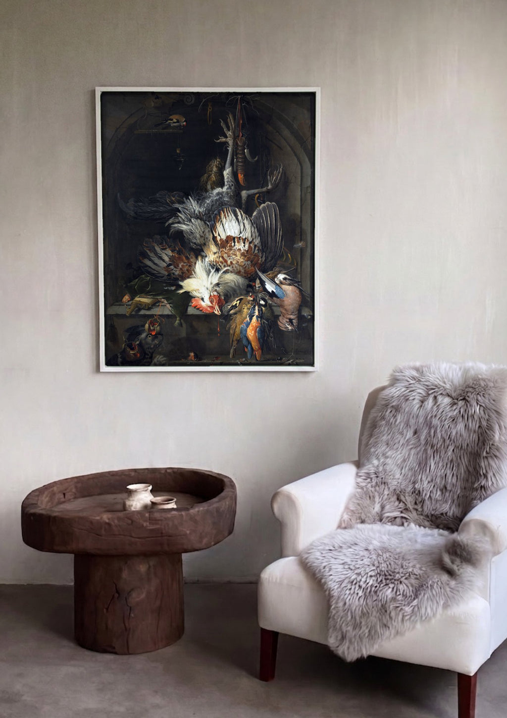 Quadro Decorativo Natureza-Morta de Caça e Gato - Abraham Mignon em ambiente decorado